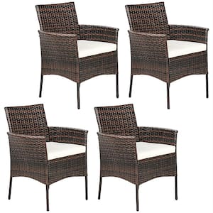 Cushioned Wicker Outdoor Arm Patio Dining Chair Sofa Furniture with White Cushion (4-Pack)