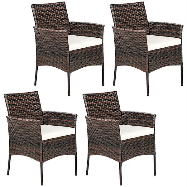 Gymax Cushioned Wicker Outdoor Arm Patio Dining Chair Sofa Furniture with White Cushion (4-Pack)