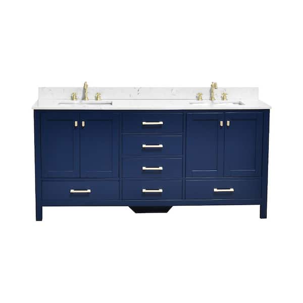 Bath Mist 72 in. W. Double Sink Freestanding Bath Vanity in Blue with White Engineered Top