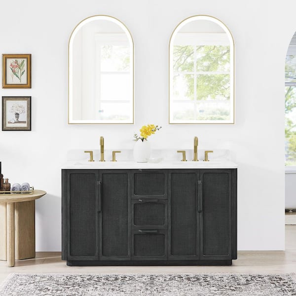 ROSWELL Busan 60 in. W x 22 in. D x 33.9 in. H Double Bath Vanity in Oak Classic Black with White Quartz Stone Top