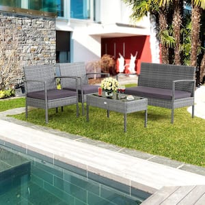 4PCS Rattan Patio Furniture Set Outdoor Wicker Conversation Set w/Cushions