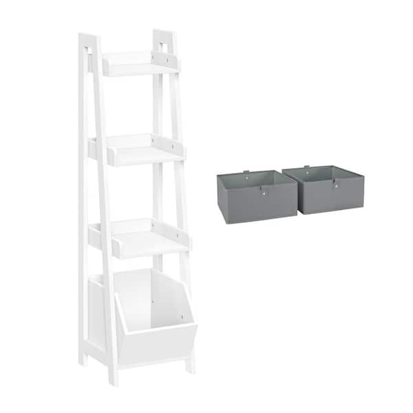 RiverRidge Home 13 in. Wide White Ladder Shelf Toy Organizer and Book Storage with 3-Open Shelves with Two 5 in. H Gray Fabric Bins