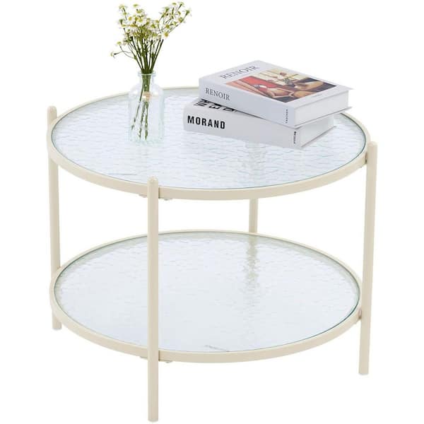Karl home 25.6 in. Small Cream White Round Glass Coffee Table Water-Wave