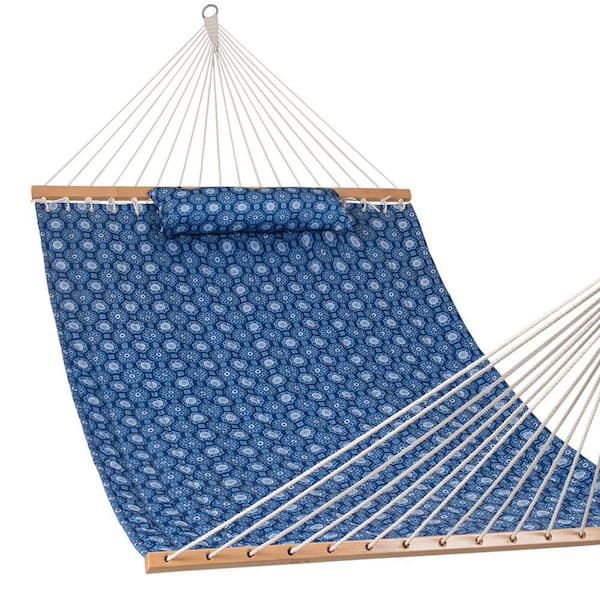 12 ft. Quilted 2-Person Fabric Swing Hammock Bed with Double Size Spreader Bar Blue Floral Pillow