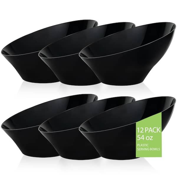 12-Pack 54 oz. Plastic Serving Bowls for Chips, Snacks, Fruit, Salad, Angled Disposable Serving Bowls, Daily Use, Black