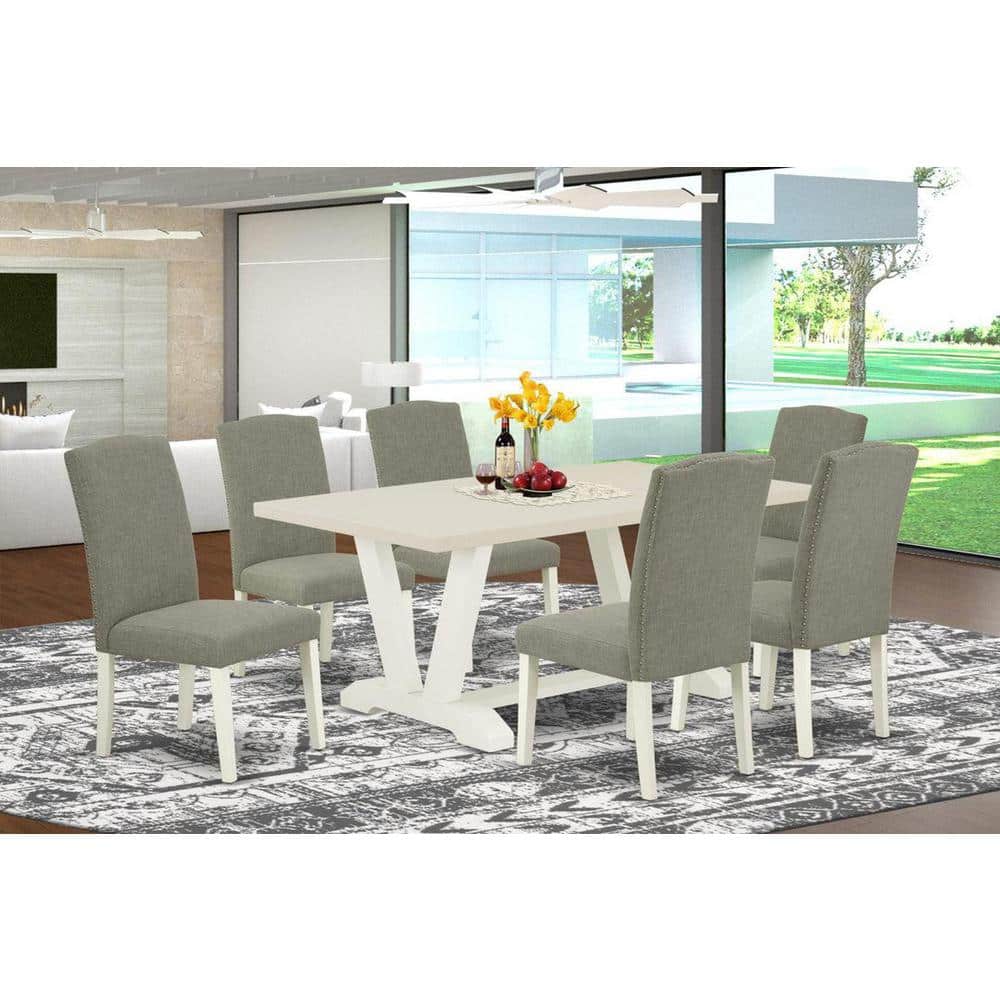 7-Piece Rectangle Natural Oak Finish Solid Wood Top Dining Set with 1 table and 6 Upholstered-Chairs with Lattice Back