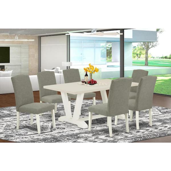 East West Furniture 7-Piece Rectangle Natural Oak Finish Solid Wood Top Dining Set with 1 table and 6 Upholstered-Chairs with Lattice Back