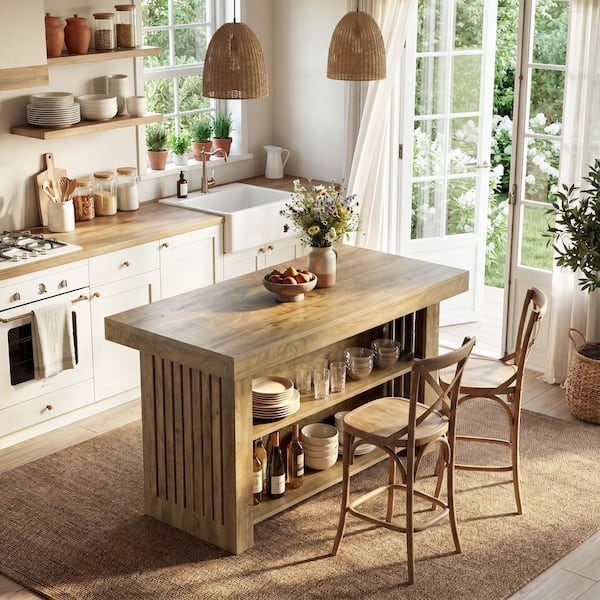 BYBLIGHT Keenyah Oak Brown 63 in. W Kitchen Island with 4 Spacious