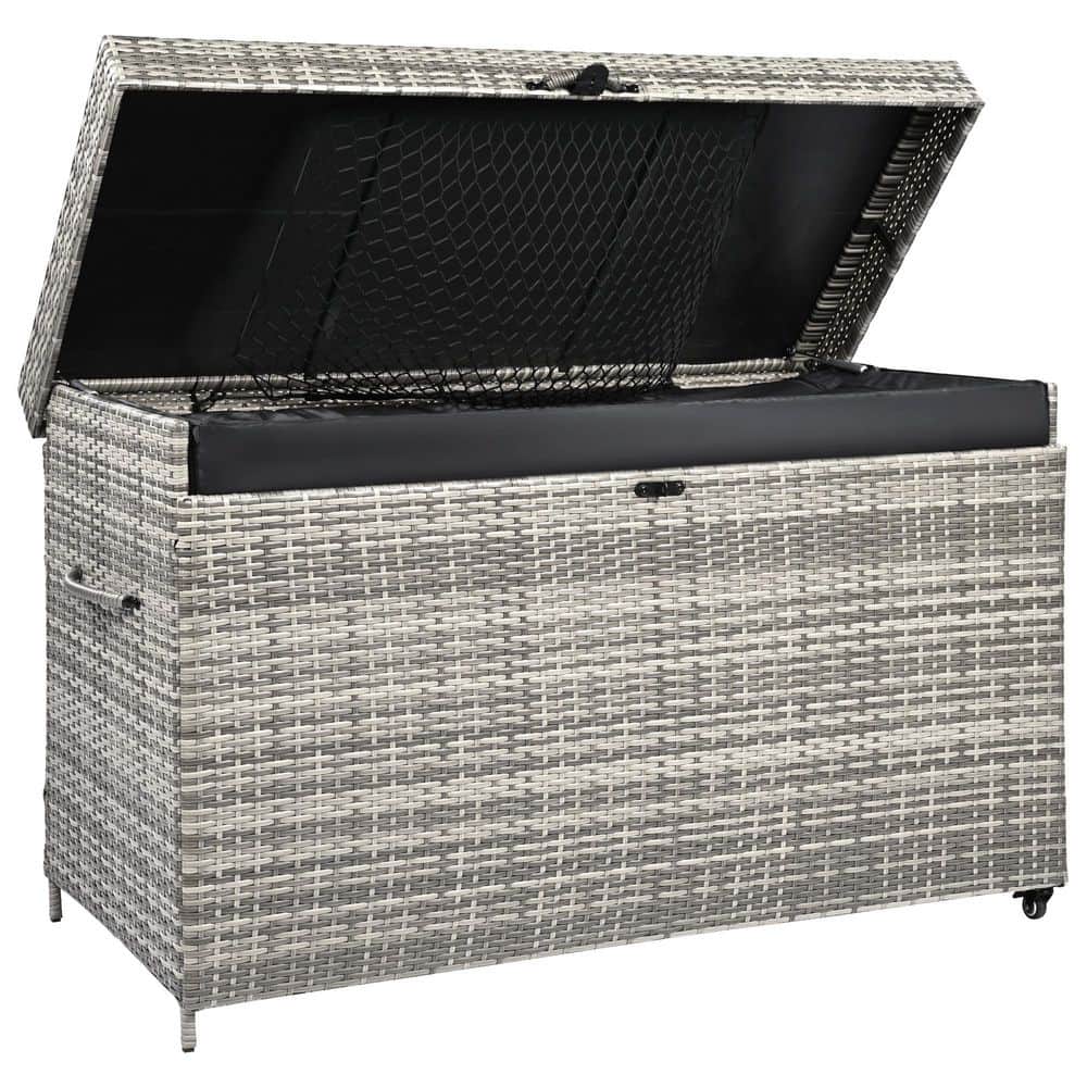 200 Gal. Lockable Wicker Deck Box with Wheels, Handle for Cushions