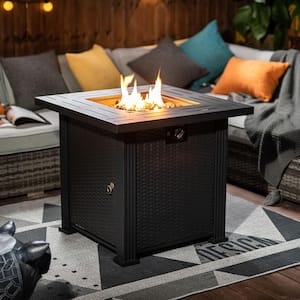 28 in. Steel Outdoor Propane Fire Pit, Electronic Ignition 40000 BTU Gas Fire Pit Table with Lid and Lava Rocks