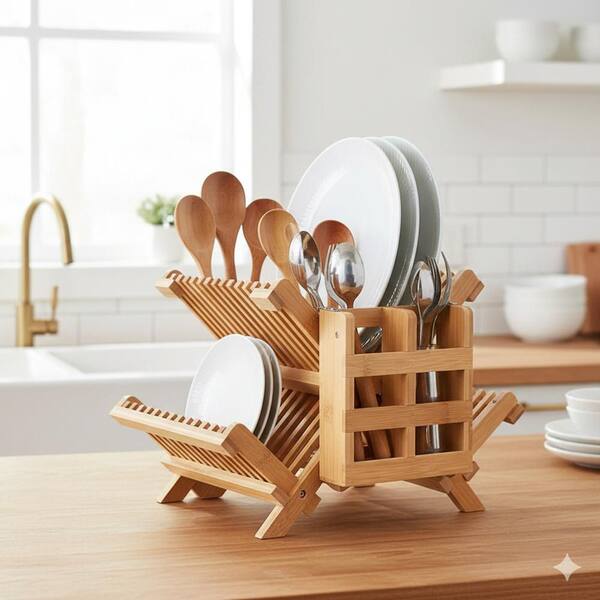 Natural Bamboo 3 Tier Collapsible Wooden Dish Rack with Utensil Holder for Kitchen Counter 25 Pieces Set