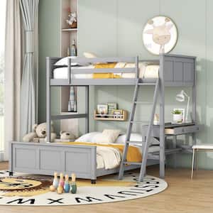 Gray Wood Frame Twin over Full Bunk Bed with Built-in Desk and 2-Drawer, Movable Lower Bed, Sloping Ladder