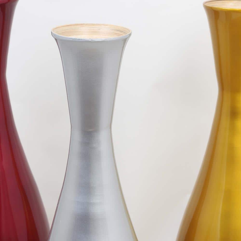 Tall Silver, Red, and Gold Bamboo Floor Vase Set
