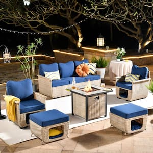 Hera 6-Piece Beige Wicker Outdoor Patio Fire Pit Seating Sofa Set with Navy Blue Cushions