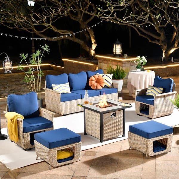XIZZI Hera 6-Piece Beige Wicker Outdoor Patio Fire Pit Seating Sofa Set with Navy Blue Cushions