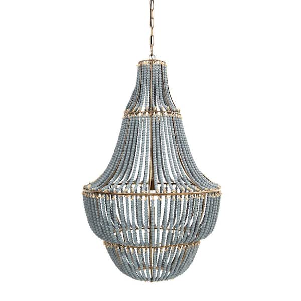 Storied Home 1-Light Grey Metal Chandelier with Wood Bead Shade