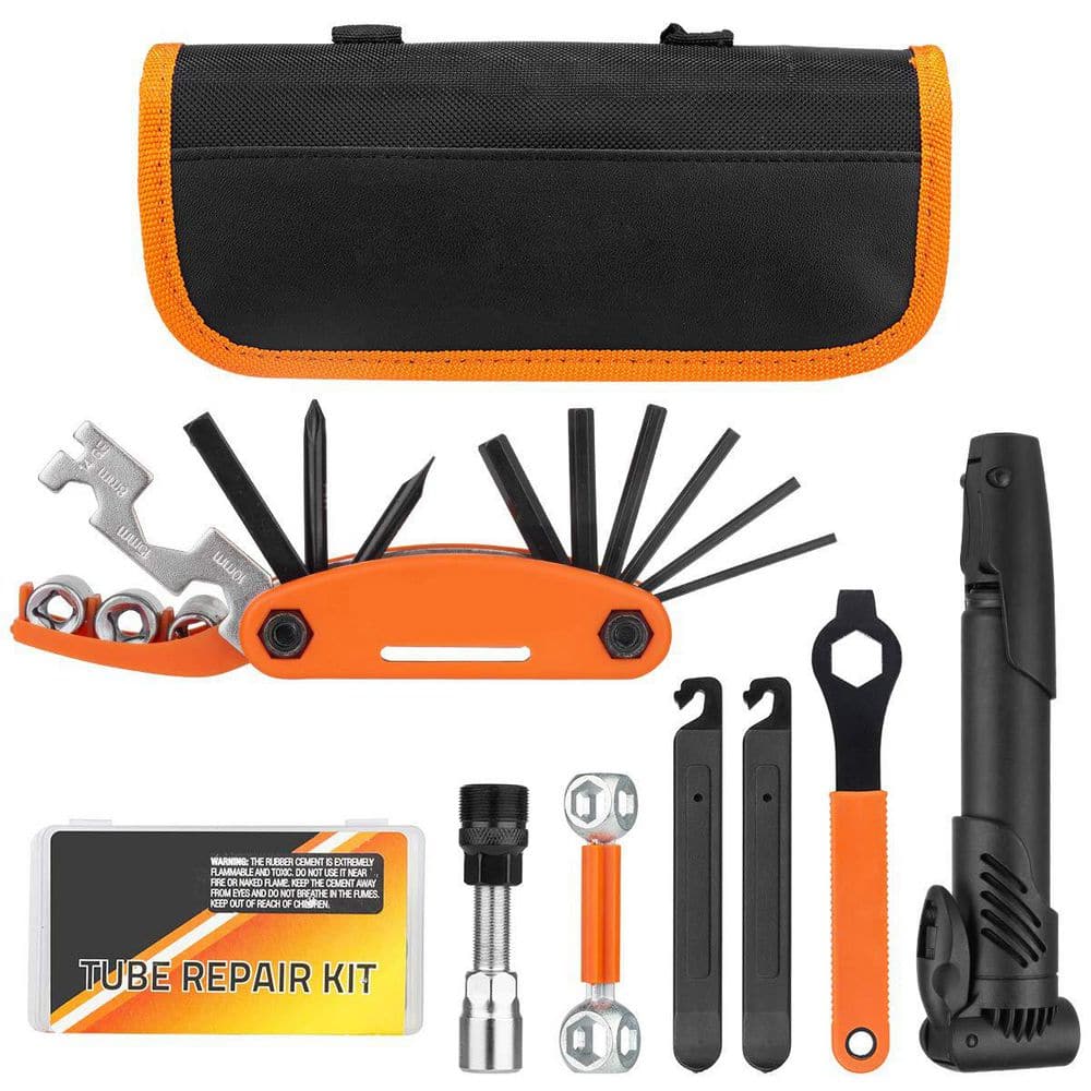 Portable Bicycle Repair Kit with Tire Pump and Essential Tools for Camping 