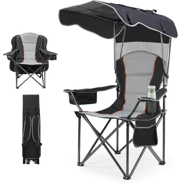 Folding Camping Chair w/ Adjustable Sun Canopy, 500 lbs. Heavy Duty Outdoor Chair w/ Cooler Bag Cup Holder and Carry Bag