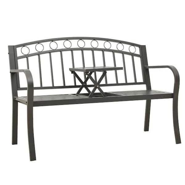 Patio Metal Bench with Center Table-49.2 in. Steel Gray Outdoor Bench, Weather-Resistant Powder-Coated Steel.