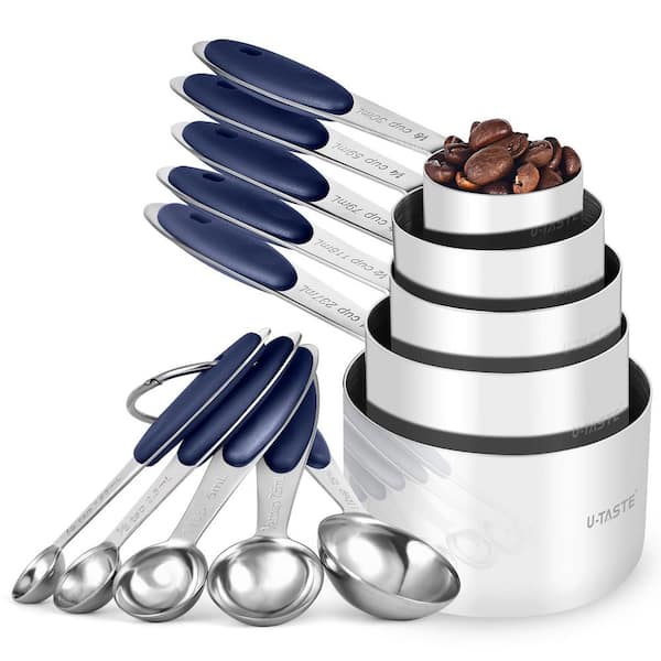 Adrinfly Upgraded 10-Piece Stainless Steel Midnight Blue Measuring Cup Set with Dishwasher Safe