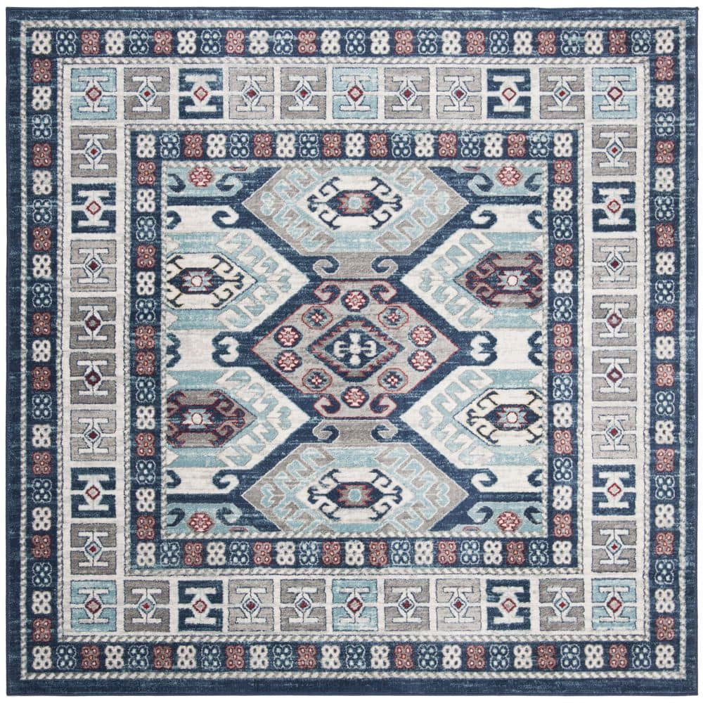 Palatial Blue & Grey Synthetic 80" Square Area Rug