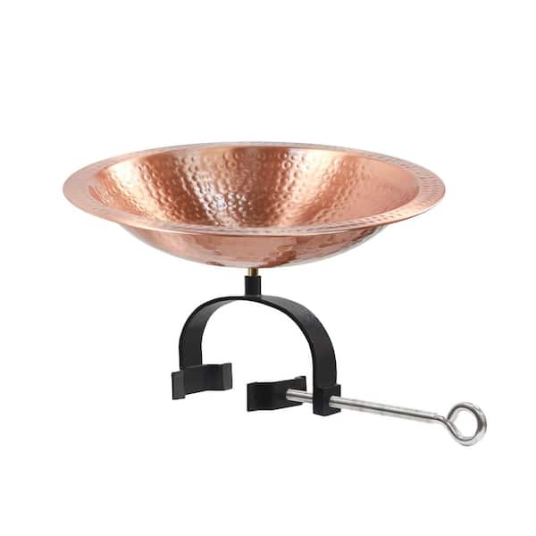 16 in. L Round Satin Copper Hammered Birdbath w/ Wrought Iron Over Rail Bracket