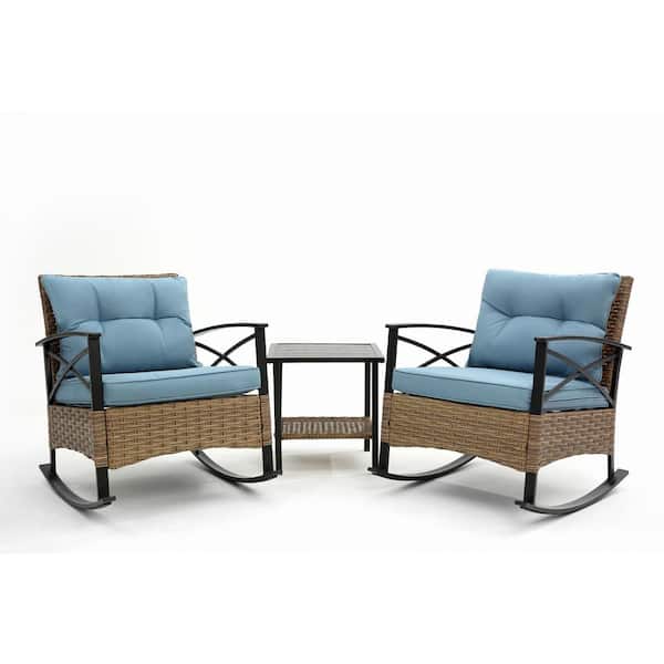 Sudzendf 3-Piece Metal Patio Outdoor Rocking Chair Conversation Set with Blue Cushions
