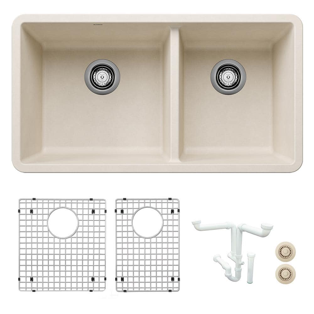 Precis 33 in. Undermount Double Bowl Soft White Granite Composite Kitchen S