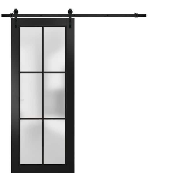 Assembly Required 30 in. x 84 in. 1-Panel Frosted Glass Black Matte Solid Wood Sliding Barn Door with Hardware Kit