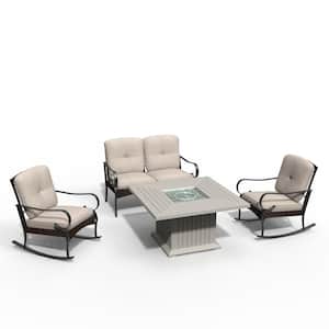 Peggy Gray 4-Piece Aluminum Patio Fire Pit Conversation Sofa Set with Beige Cushions