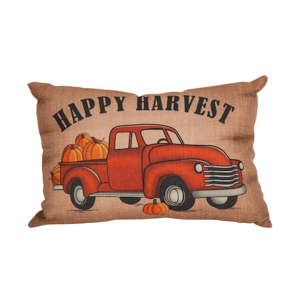Glitzhome 17.72 in. L Faux Burlap Happy Harvest Truck Pillow