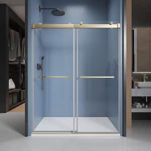 60 in. W x 76 in. H Double Sliding Frameless Shower Door in Brushed Gold with Soft-Closing and Clear 3/8 in. Glass