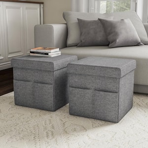 Gray Foldable Storage Cube Ottoman with Pockets (Set of 2)