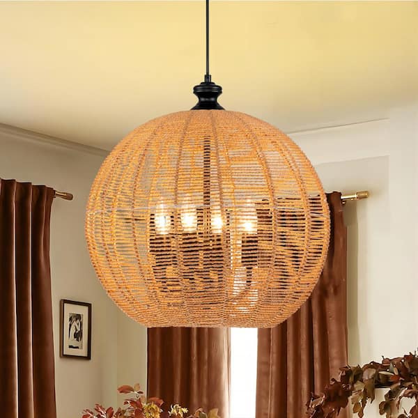 RRTYO Matisse 4-Light Brown Sphere Chandelier with Rattan Shade