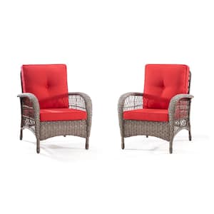 Wicker Outdoor Rattan Chairs with Handmade PE Wicker and Red Fabric Cushions, All Weather Rattan Chairs (2-Pack)
