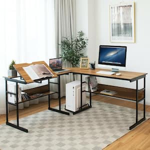 50.5 in. L-Shaped Walnut Wood Computer Desk Drafting Table Workstation w/Tiltable Tabletop