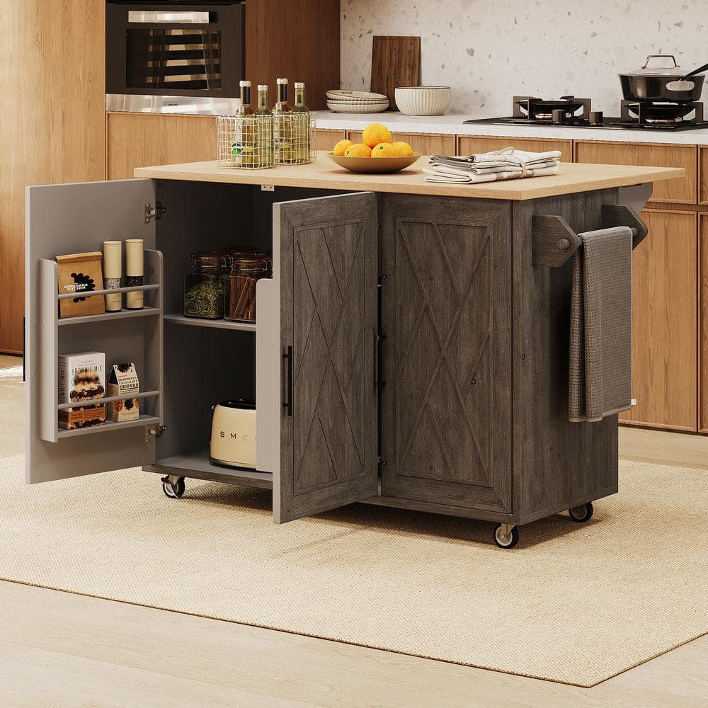 Brown Wood Top 51.2 in. Geometric Twill Stripe Kitchen Island with Drop Lea