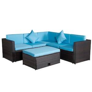 Brown 4-Piece Wicker Patio Conversation Sectional Seating Set with Blue Cushions