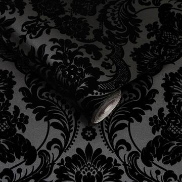 Gothic Damask Flock Noir Nonwoven Paper Paste the Wall Removable Wallpaper