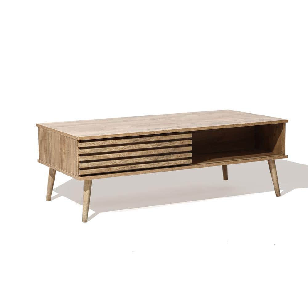 Mid-Century Modern Light Brown Wood Coffee Table with Storage