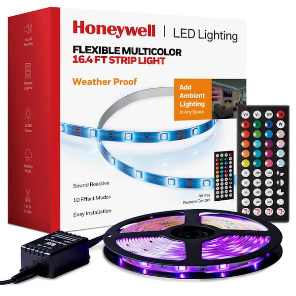 Honeywell 16.4 ft. Weatherproof 20-Color LED RGB Under Cabinet Light Strip for Indoor and Outdoor Use, Remote Control, Music Sync HW-ST006-999 - Home Depot