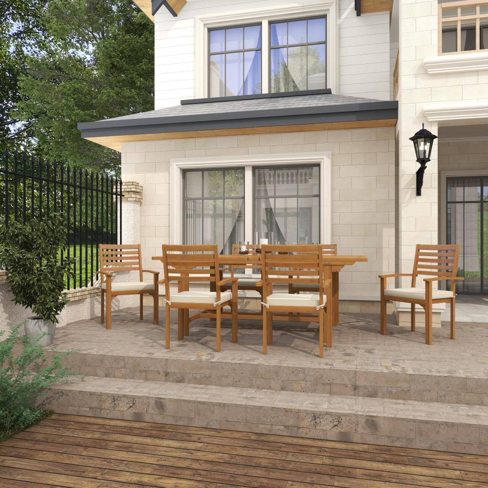 Brown Teak 7-Piece Outdoor Dining Set with White Cushions
