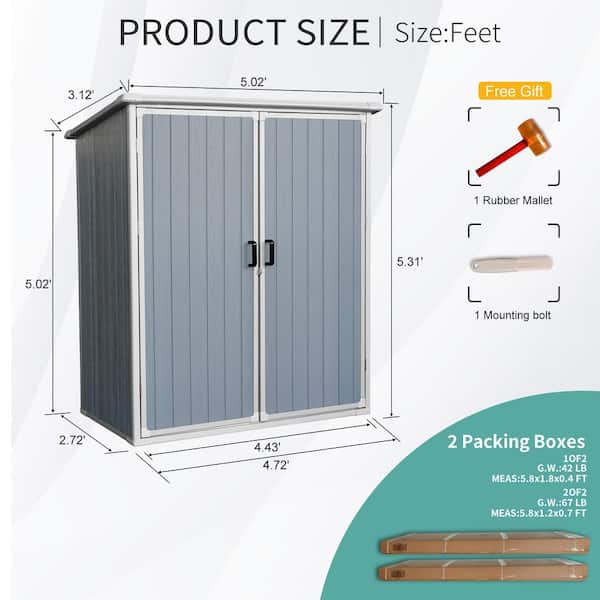 Gray 5 ft. W x 3 ft. D Plastic Outdoor Waterproof Storage Shed