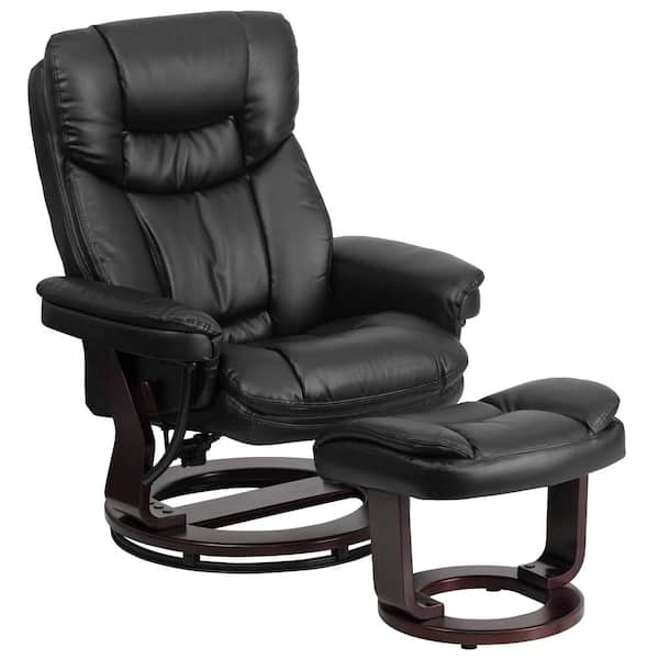 Flash Furniture Contemporary Multi-Position Recliner and Curved Ottoman with Swivel Mahogany Wood Base in Black LeatherSoft