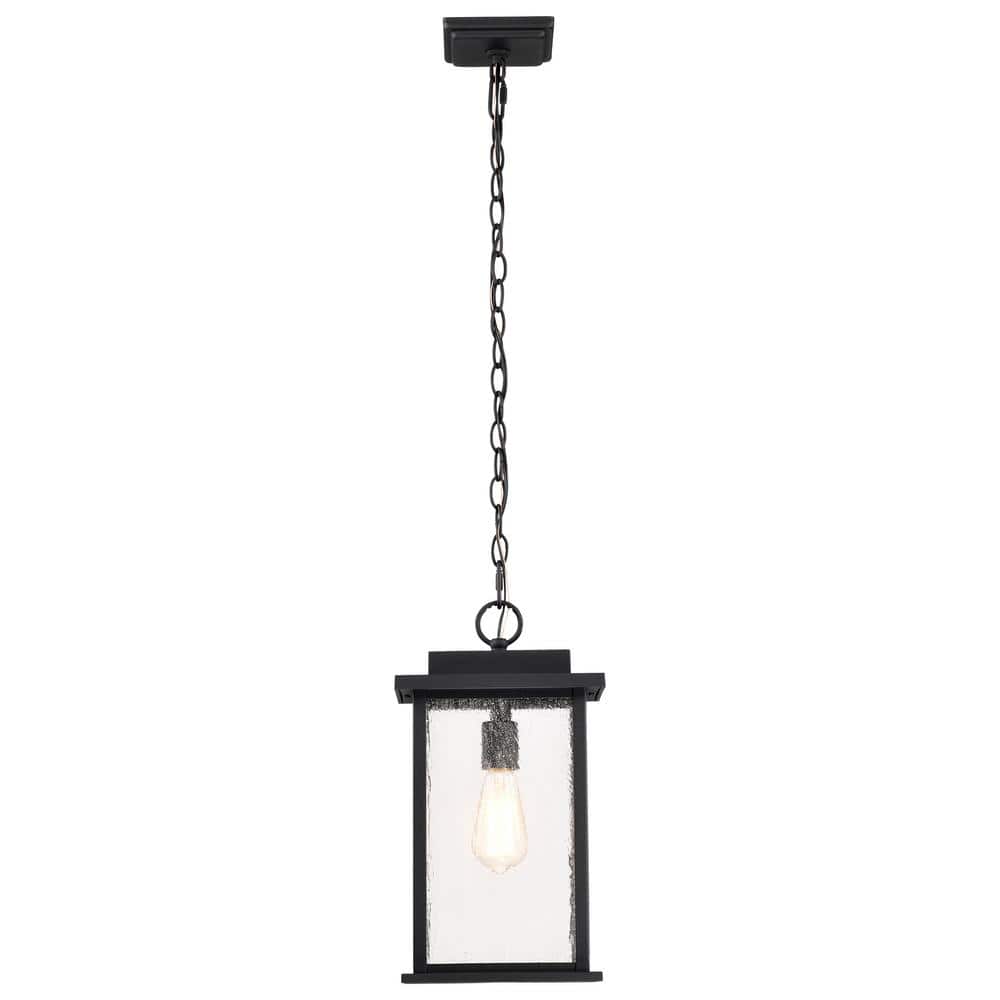 Sullivan Matte Black Clear Seeded Glass Outdoor Pendant Light