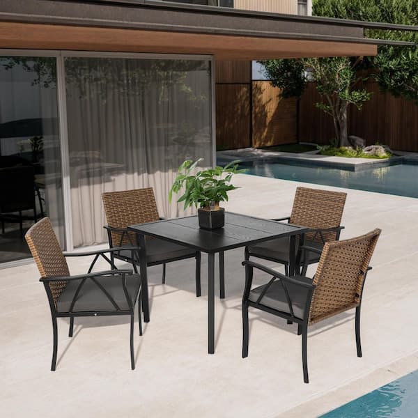 Unbranded Brown 5-Piece Wicker Patio Outdoor Dining Set with Gray Cushions, w/Square Steel Tabletop and Umbrella Hole for Backyard