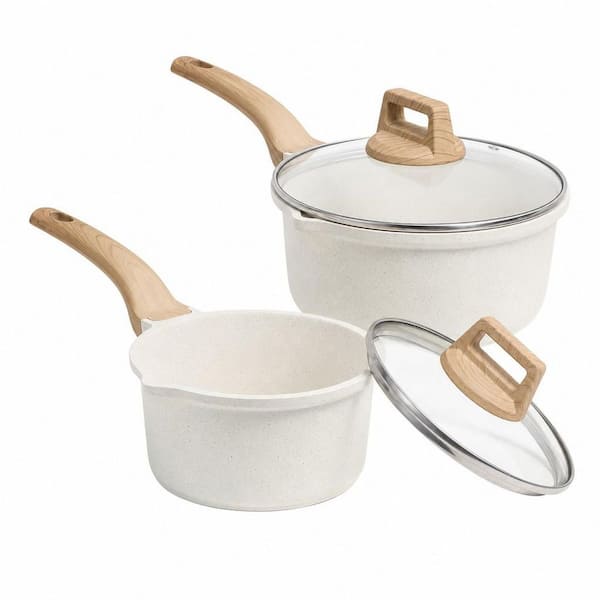 2-Pack White Granite 1.5 qt. and 3 qt. Sauce Pan Sets with Lid Pour Spout, Induction Comptable, Easy to Clean, PFOA FREE