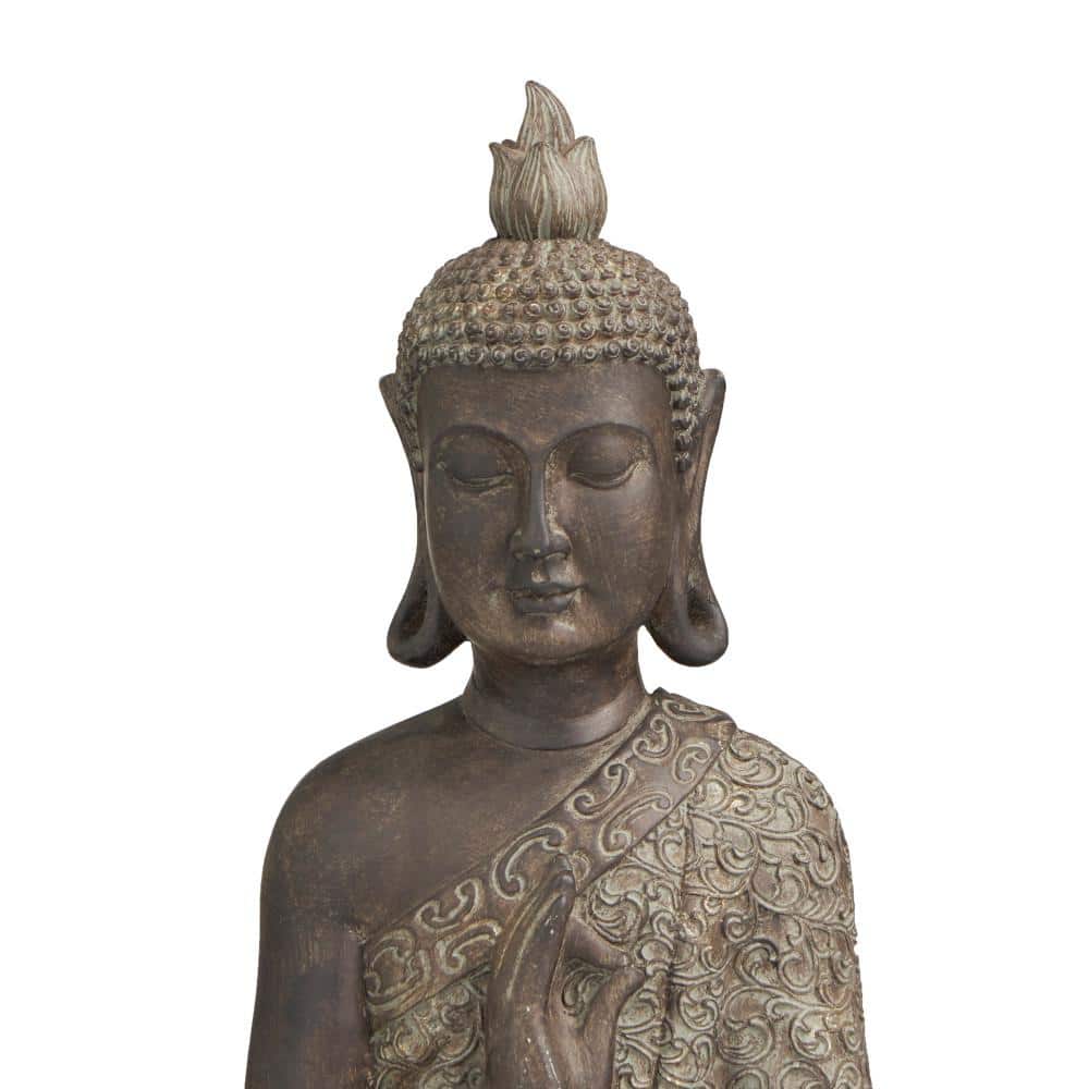 Brown Polystone Meditating Buddha Sculpture with Engraved Carvings