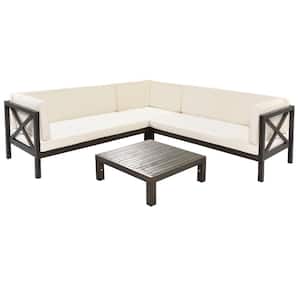 4-Piece Brown Wood Outdoor Patio Sectional Sofa Set with Beige Cushions