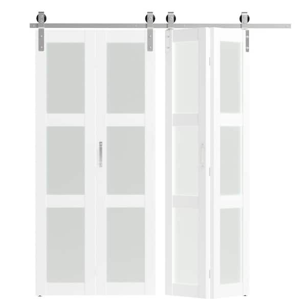 72in x 84in White, 3 Lite, Frosted Glass Finished, MDF Bi-Fold Style Sliding Barn Door with Hardware Kit & Nickel Sliver